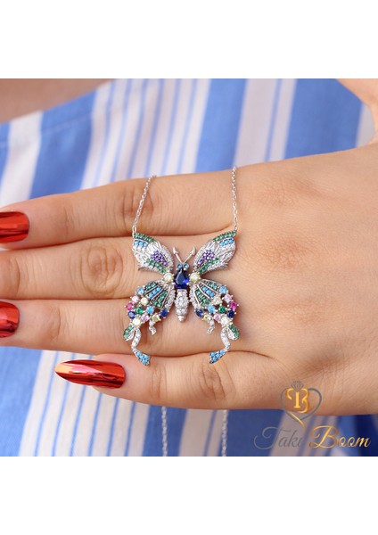 Renkli Taşlı Kelebek Gümüş Kolye