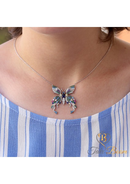 Renkli Taşlı Kelebek Gümüş Kolye fiyatları