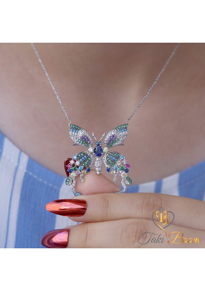 Renkli Taşlı Kelebek Gümüş Kolye modelleri