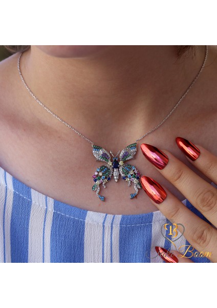 Renkli Taşlı Kelebek Gümüş Kolye fırsatları