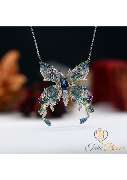 Renkli Taşlı Kelebek Gümüş Kolye indirimleri