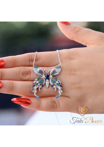 Renkli Taşlı Kelebek Gümüş Kolye