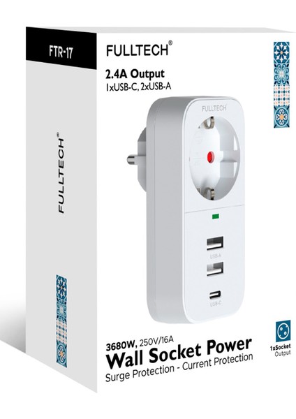 2.4A Çıkışlı 2xusb 1xtype-C Tekli Priz Ftr-17 fiyatları