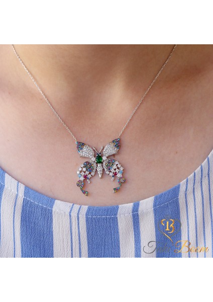 Renkli Taşlı Kelebek Gümüş Kolye fiyatları