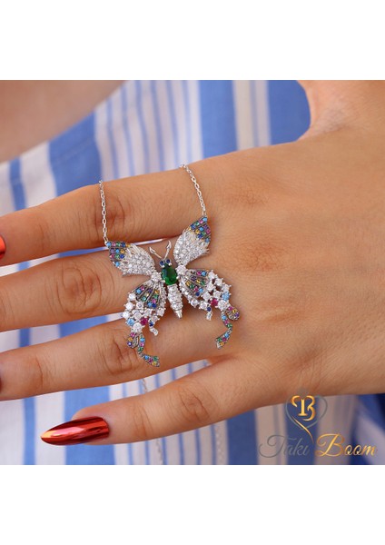 Renkli Taşlı Kelebek Gümüş Kolye modelleri