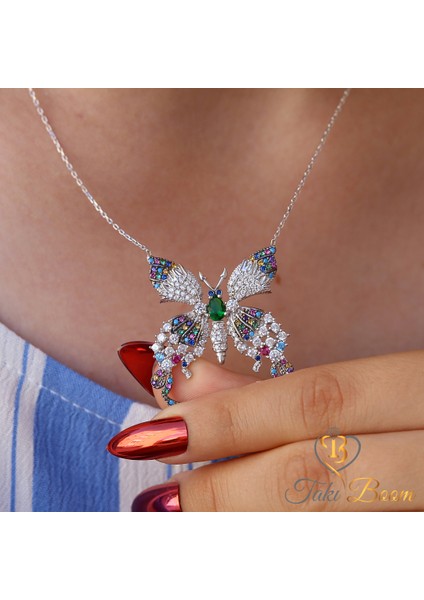 Renkli Taşlı Kelebek Gümüş Kolye fırsatları
