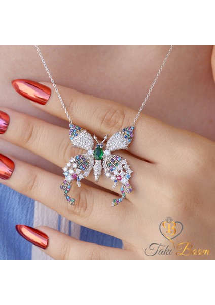 Renkli Taşlı Kelebek Gümüş Kolye