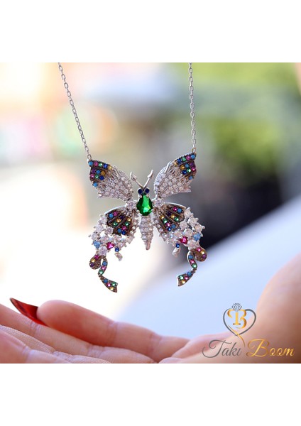 Renkli Taşlı Kelebek Gümüş Kolye