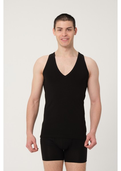 Erkek Pamuklu Süprem Penye Slim Fit Derin V-Yaka Sporcu Likralı Atlet 2'li - 1009