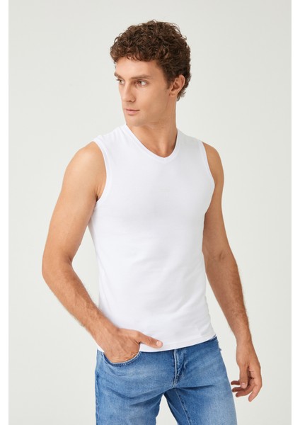 Erkek Pamuklu Süprem Penye Slim Fit V- Yaka Kolsuz Likralı Üst 6'lı - 1015