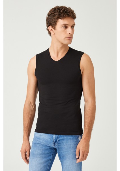 Erkek Pamuklu Süprem Penye Slim Fit V- Yaka Kolsuz Likralı Üst 2'li - 1015