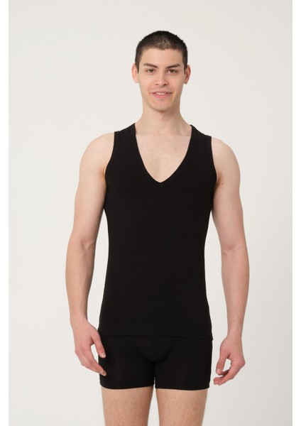 Erkek Pamuklu Süprem Penye Slim Fit Derin V-Yaka Kolsuz Likralı Üst 2'li -1018