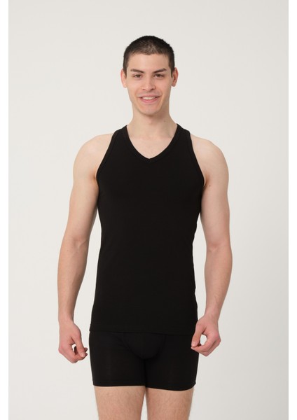 Erkek Pamuklu Süprem Penye Slim Fit V-Yaka Sporcu Likralı Atlet - 1008