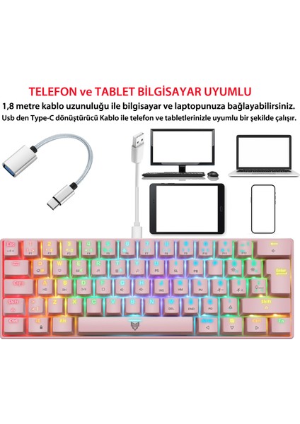 Majesty 62 Tuşlu Rgb Mini Gaming Oyuncu Mekanik Klavye Red Switch Pembe