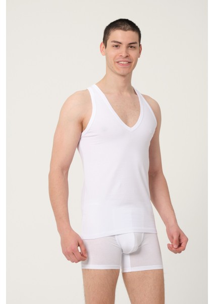 Erkek Pamuklu Süprem Penye Slim Fit Derin V-Yaka Sporcu Likralı Atlet - 1009