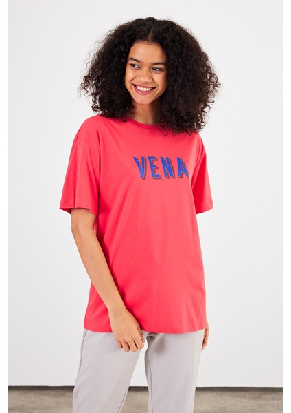 Kadın Vena Mercan Logo Baskılı Oversize Tişört