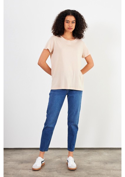 Kadın Boyfriend Kum Bisiklet Yaka Regular Fit Modal Tişört (Lyocell)
