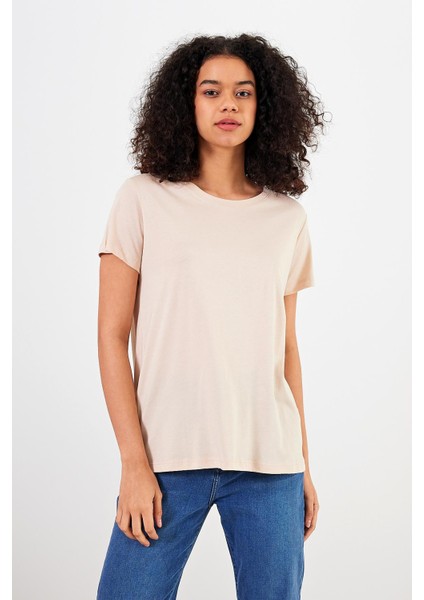 Kadın Boyfriend Kum Bisiklet Yaka Regular Fit Modal Tişört (Lyocell)