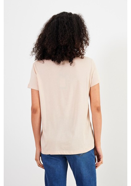 Kadın Boyfriend Kum Bisiklet Yaka Regular Fit Modal Tişört (Lyocell)