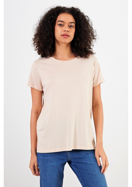 Kadın Boyfriend Kum Bisiklet Yaka Regular Fit Modal Tişört (Lyocell)