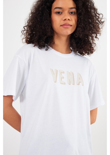 Kadın Vena Beyaz Logo Baskılı Oversize Tişört