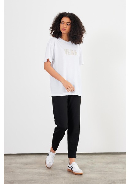 Kadın Vena Beyaz Logo Baskılı Oversize Tişört modelleri