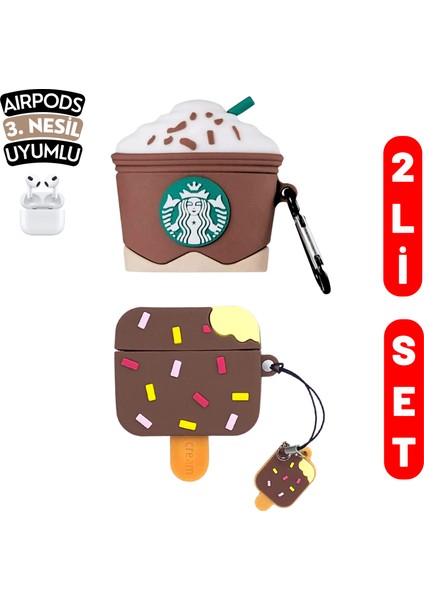 2'li Set - 3.nesil Uyumlu Kahverengi Starbucks ve Kahvrengi Dondurma Figürlü Kulaklık Kılıfı Seti