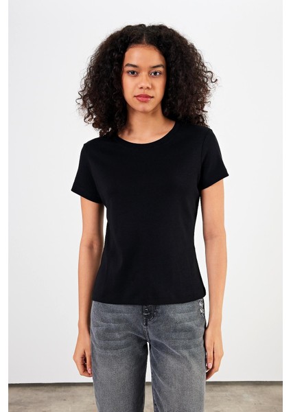 Kadın Rachel Siyah Bisiklet Yaka Slim Fit Basic Ribana Tişört