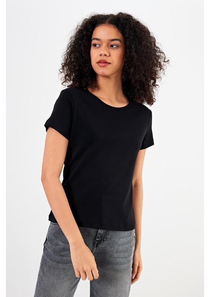 Kadın Rachel Siyah Bisiklet Yaka Slim Fit Basic Ribana Tişört fiyatları