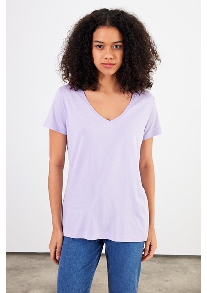 Kadın Boyfriend Lila V Yaka Regular Fit Modal Tişört (Lyocell)