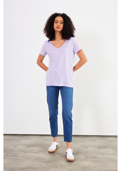 Kadın Boyfriend Lila V Yaka Regular Fit Modal Tişört (Lyocell) modelleri