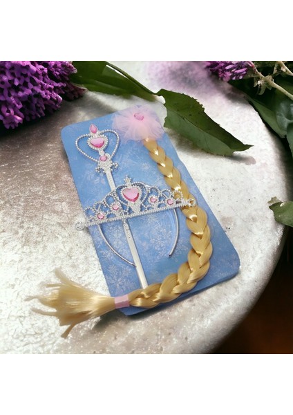 Pembe Elsa Karlar Ülkesi Uzun Örgü Saç Tokası Asa ve Tacı Pembe Set Kalpli Elsa Seti
