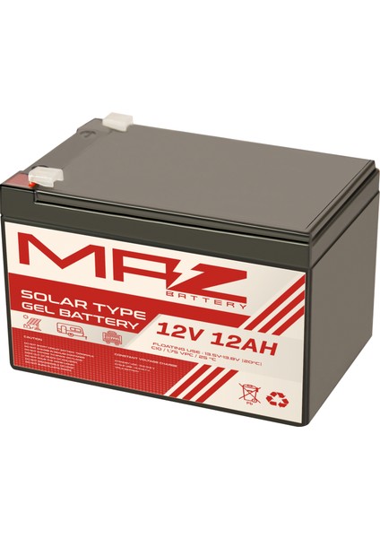 12 Volt 12 Amper Solar Jel Akü 12V 12AH (Yeni Üretim)