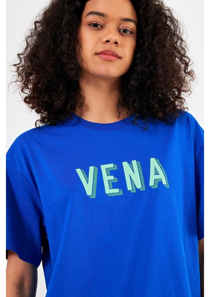 Kadın Vena Safir Logo Baskılı Oversize Tişört