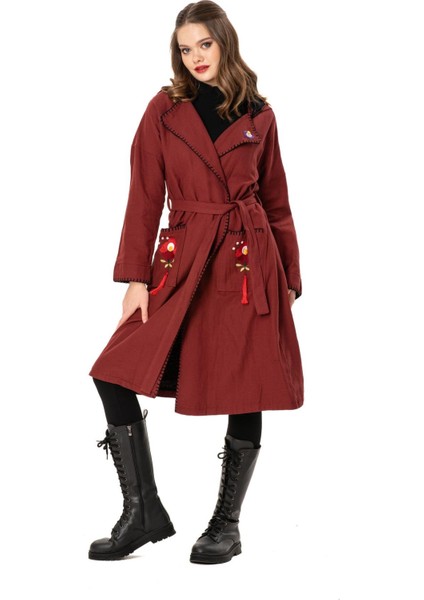Uzun Kol Pazen Ela Çift Cepli Kuşak Detaylı Sonbahar ve Kışlık Ceket Bordo Brd fiyatları