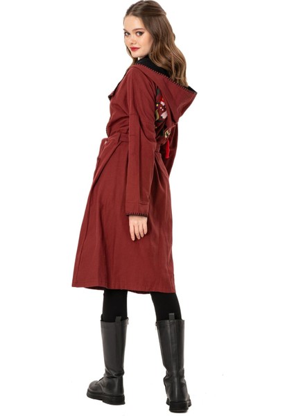 Uzun Kol Pazen Ela Çift Cepli Kuşak Detaylı Sonbahar ve Kışlık Ceket Bordo Brd modelleri