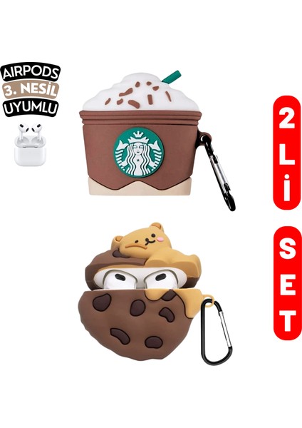 2'li Set - 3.nesil Uyumlu Kahverengi Starbucks ve Kurabiye ve Ayıcık Ikili Kulaklık Kılıfı Seti