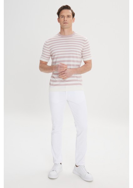 Erkek Gül Kurusu-Ekru Slim Fit Dar Kesim %100 Pamuk Çizgili Bisiklet Yaka Triko Tişört