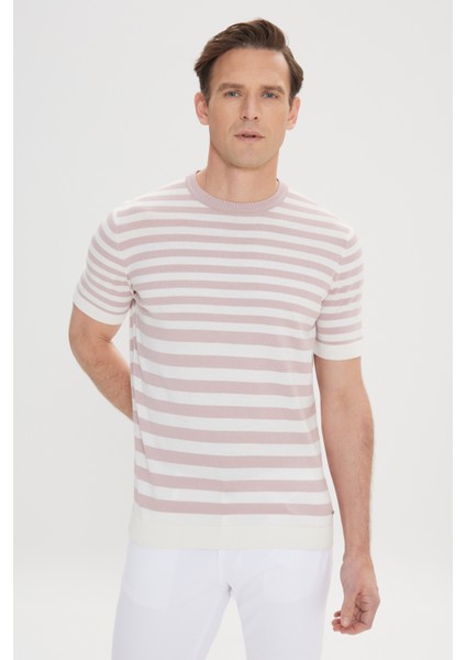 Erkek Gül Kurusu-Ekru Slim Fit Dar Kesim %100 Pamuk Çizgili Bisiklet Yaka Triko Tişört fiyatları