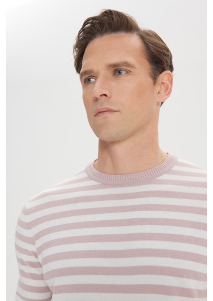 Erkek Gül Kurusu-Ekru Slim Fit Dar Kesim %100 Pamuk Çizgili Bisiklet Yaka Triko Tişört modelleri