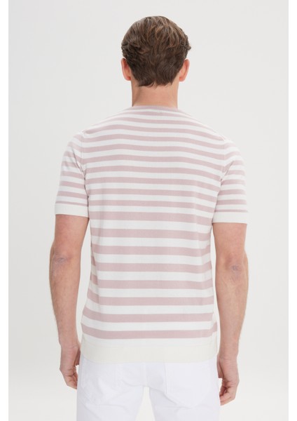 Erkek Gül Kurusu-Ekru Slim Fit Dar Kesim %100 Pamuk Çizgili Bisiklet Yaka Triko Tişört fırsatları