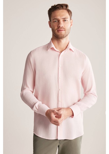 Çizgi Desenli Pembe Saf Pamuk Gömlek