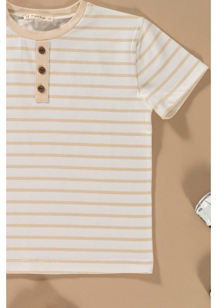 Çizgili Garnili Düğmeli Taş Tshirt Şort Takım fiyatları