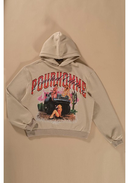 Oversize Kapişonlu Baskılı Taş Sweatshirt