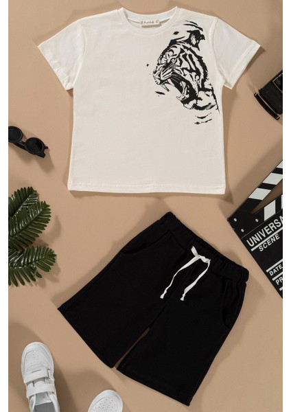 Kaplan Baskılı Siyah Tshirt Şort Takım