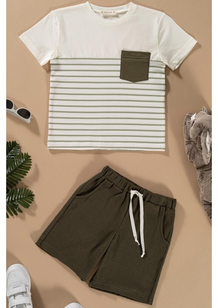Çizgili Garnili Cepli Yeşil Tshirt Şort Takım