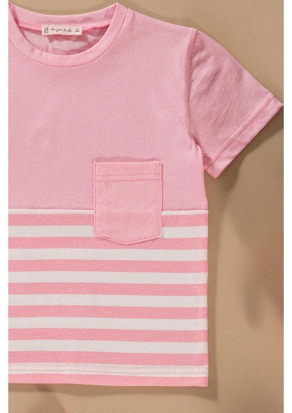 Çizgili Garnili Cepli Pembe Tshirt Şort Takım fiyatları