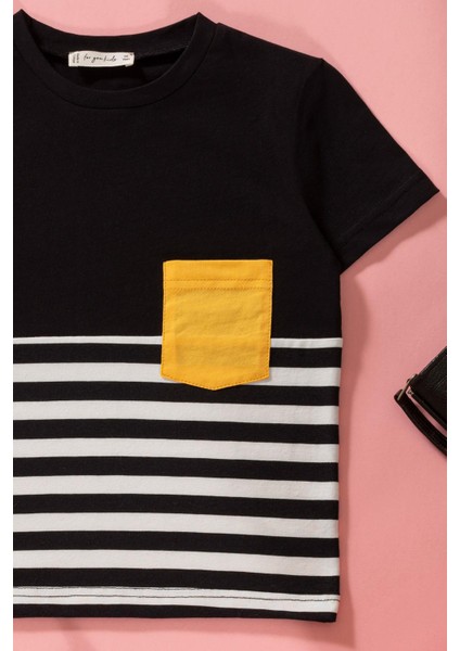 Çizgili Garnili Cepli Siyah Tshirt Şort Takım modelleri