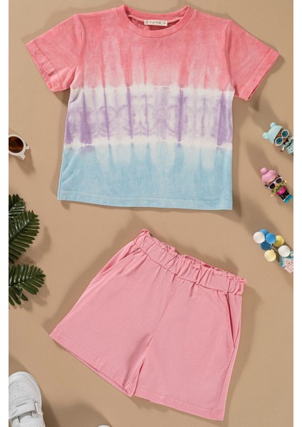 Batik Yıkamalı Pembe Tshirt Şort Takım
