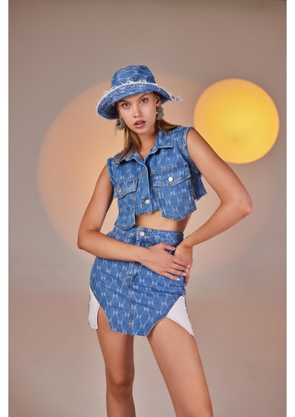 H Baskılı Asimetrik Kesim Mini Jean Etek Mavi